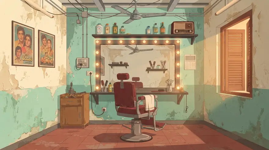 Illustration of a 1990s Indian barber shop: a red leather chair facing a bulb-framed mirror, a wall radio, hair-oil bottles and a ceiling fan.
